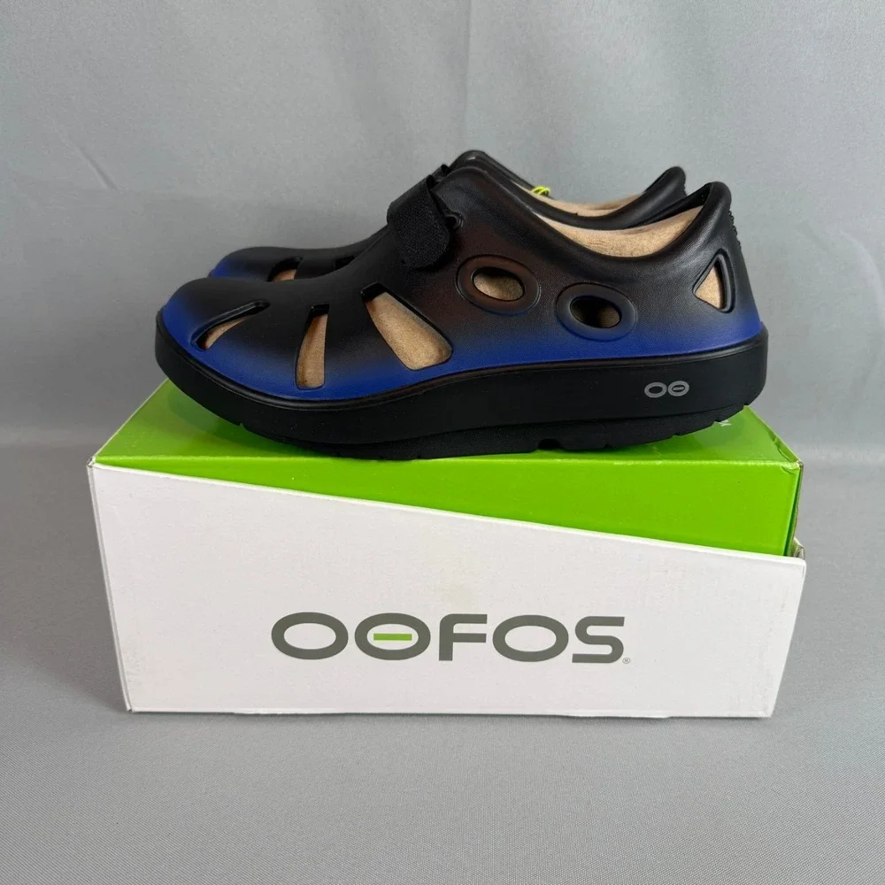 Oofos Oocandoo Recovery Sandals Womens 9 Black Blue Slip-On Shoes Unisex M7 NIB